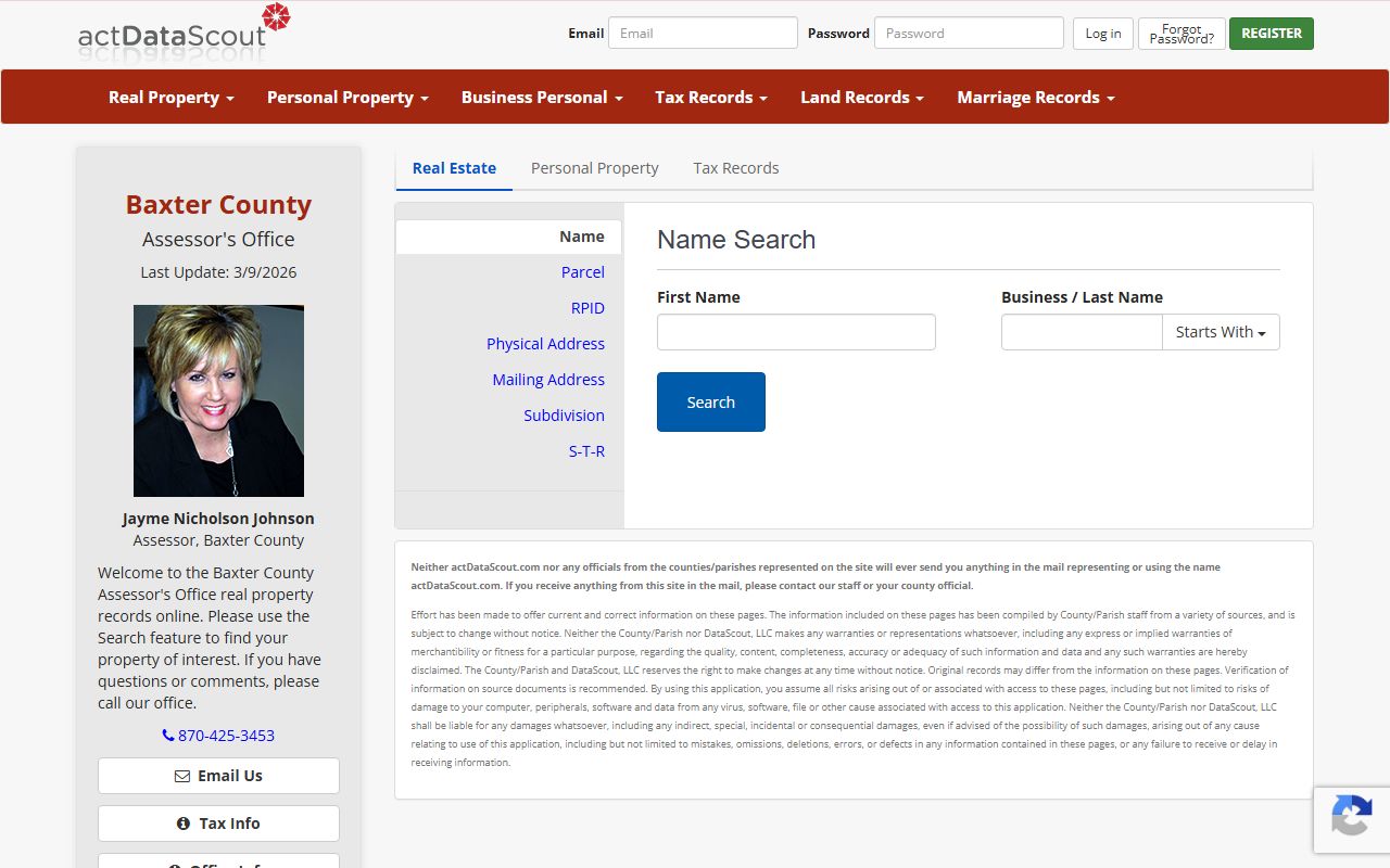 Baxter County Arkansas property tax records search Mountain Home assessor ActDataScout